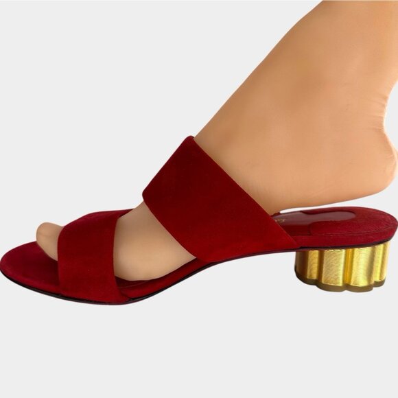 Salvatore Ferragamo Belluno Lipstick Suede Calf Flower Heel Slide Sandals US 4.5 - Picture 6 of 14